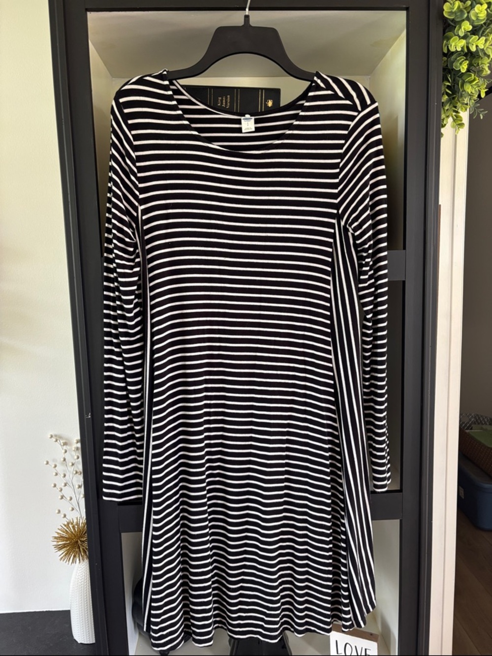 Old Navy Black and White Striped Long Sleeve Swing Dress
